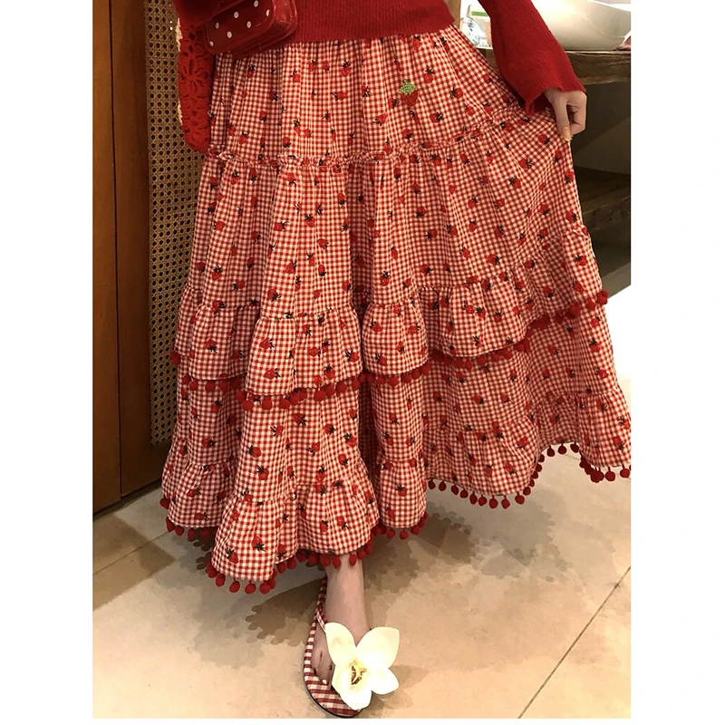 2026 New Arrival Spring/summer Women Casual Loose Sweet Cute Cartoon Print A-line Skirt Tassel Design Ankle-length Skirts T171