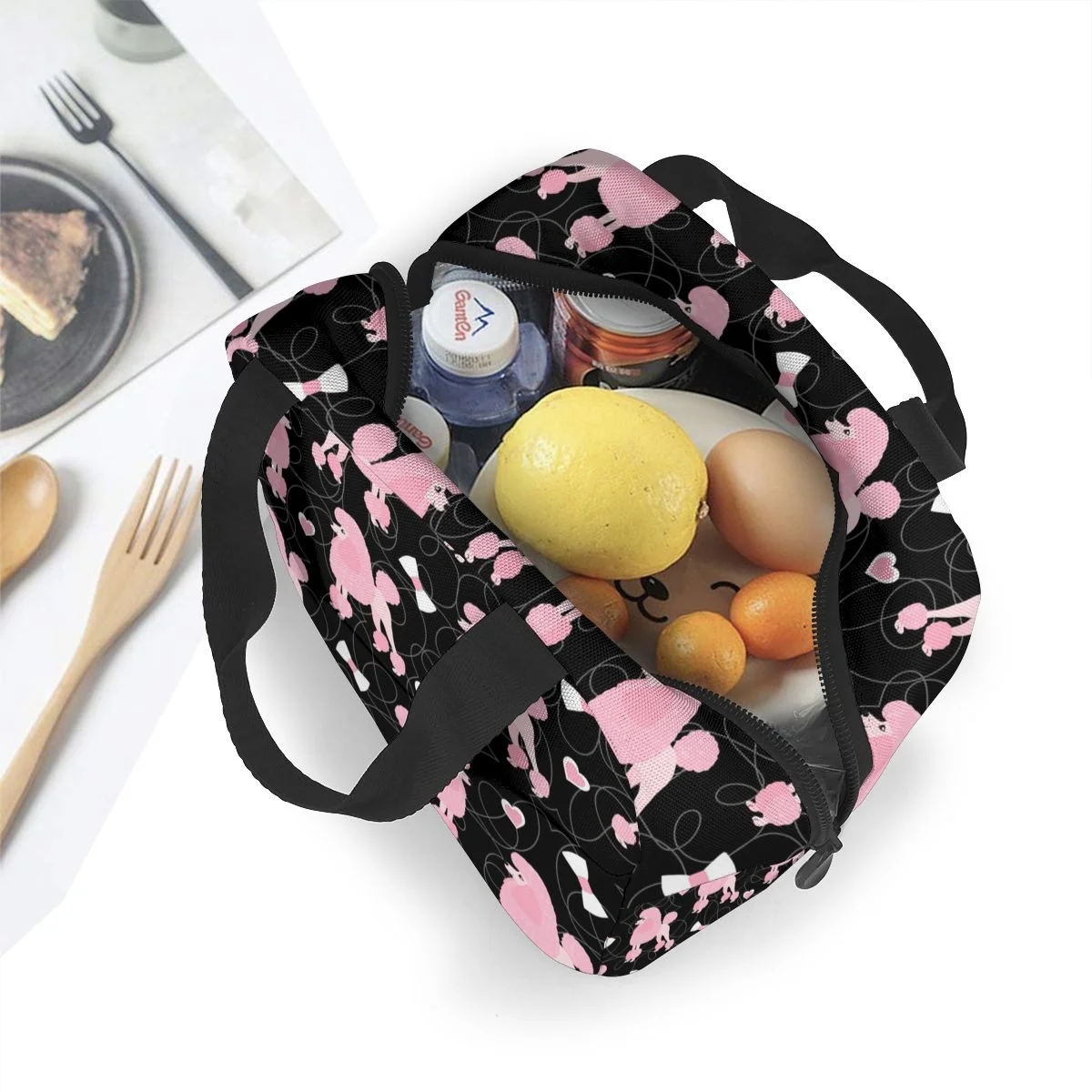 Bolsa de almuerzo con aislamiento portátil para mujeres y hombres, caja de mano enfriadora para viajes y trabajo, rosa, Caniches y lazos