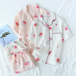 2026 Japanese style simple short women female 100% cotton gauze short sleeve trousers ladies pajamas suit cute pajamas sets home