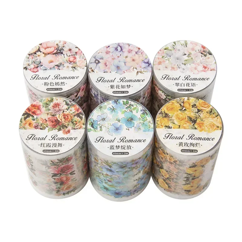 1Roll 2M PET Tape Roll Adhesive Film Flower Painting Romantic Vintage Plant Handbook Collage European Scrapbook 60mm*2m