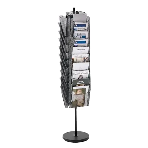 Rotating Brochure Display Rack, 30 Pockets Mesh Magazine Literature Display Stand, Portable Floor Standing Magazine