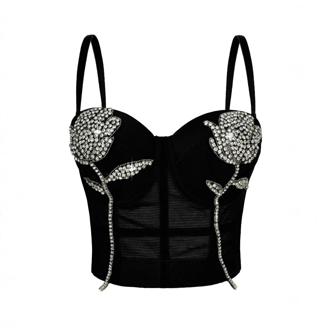 グリッターローズクリスタル刺繍入りボーン入りビスチェトップ - 女性用セクシーなレースアップコルセットベスト、パーティーウェアプッシュアップブラ