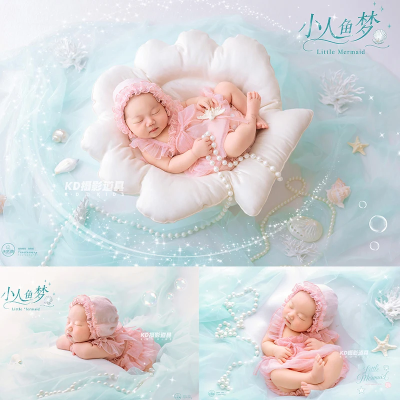 Ocean Starfish Guard Newborn Photo Prop Pink Tulle Romper with Hat Shell Shape Posing Cushion Infant Baby Girl Shooting Outfit
