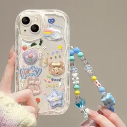 Clear Korean 3D Bear Rabbit Hang Cute Phone Case for IPhone 15 14 13 12 11 Pro Max Plus XR XS 7 8 6S Lanyard Bracelet Wavy Cover