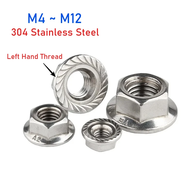 M4 M5 M6 M8 M10 M12 304 Stainless Steel Reverse Thread Hex Hexagon Flange Nut Left Hand Serrated Lock Flange Nut