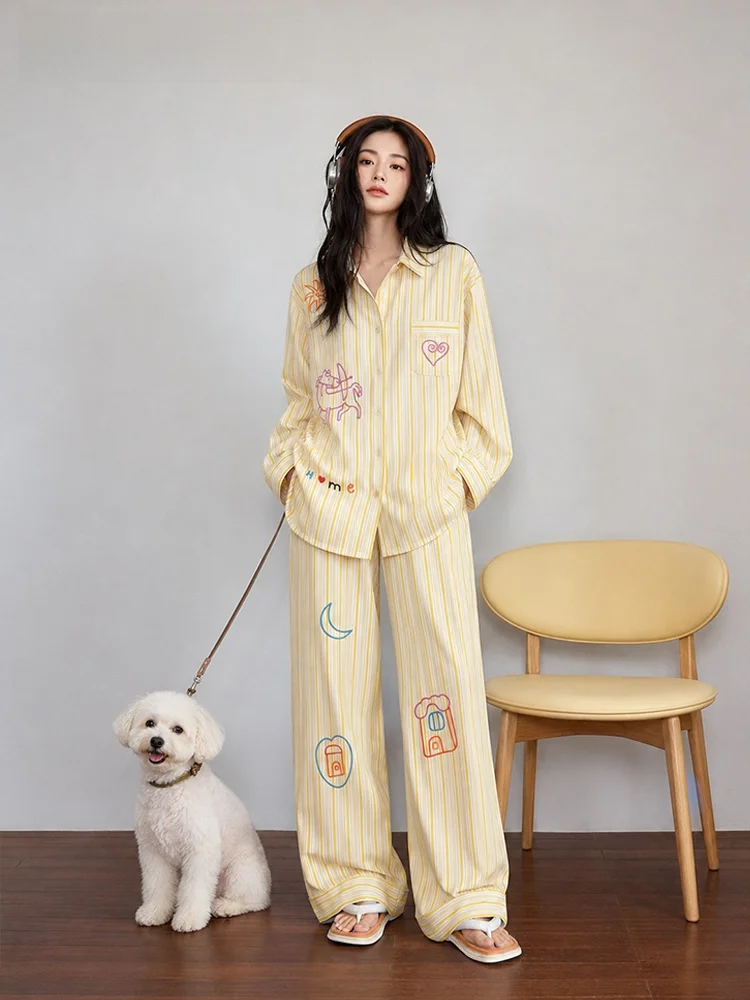 Pure Cotton Long Sleeve Shirt Collar Sleepwear for Women Skin-friendly Long Pants Durable Home Clothes Suitable for Autumn Wi...