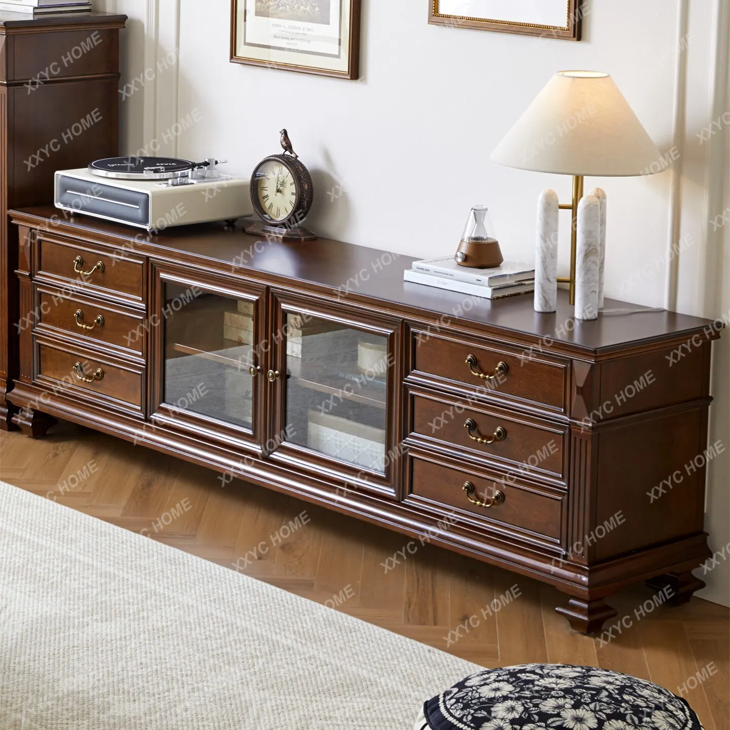 XX American retro all solid wood multi-drawer with glass door living room storage floor cabinet