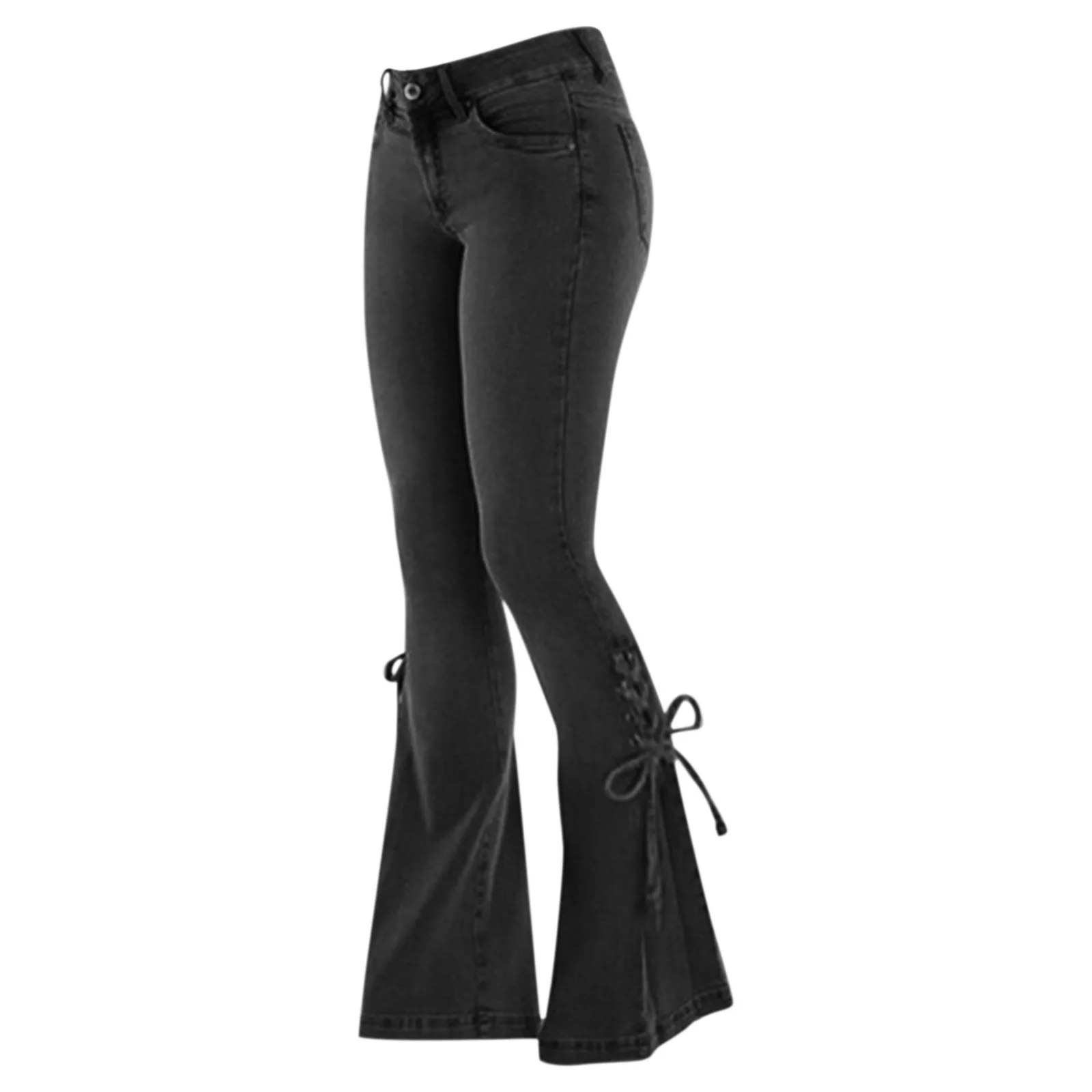 

Ladies Denim Pants Solid Color Slimming Fit Jeans Lace Up Long Pants Mid Waist Trousers With Pockets Flared Women's Pants