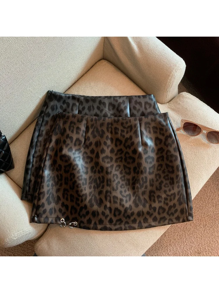 Women Y2k Leopard Print Cyber Punk Mini Pu Faux Leather Skirt A-line Tide E-girl Party Culottes Coquette Gyaru Night Club Grunge