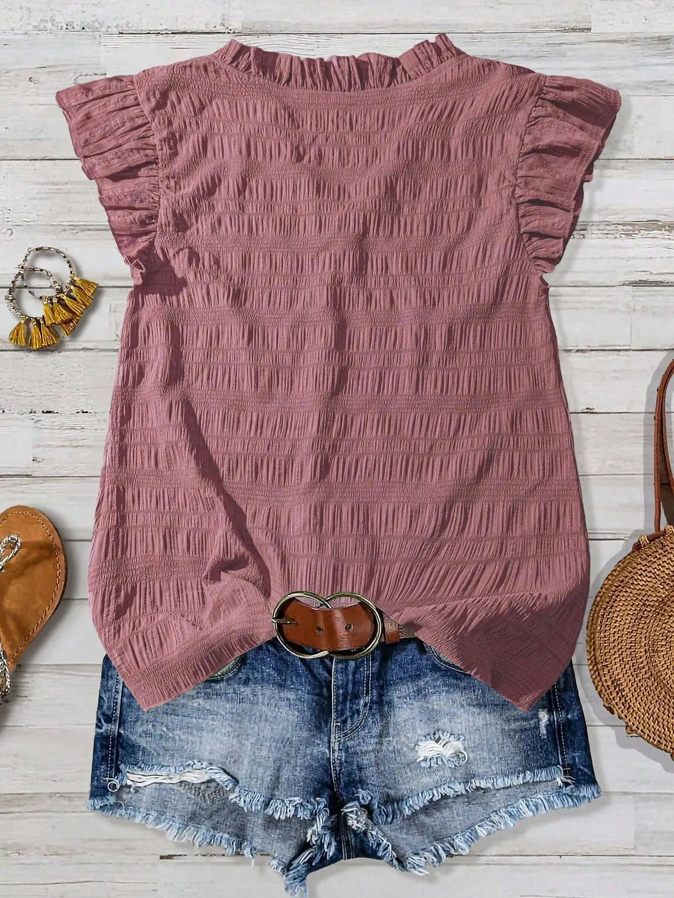 

Женская однотонная текстурированная повседневная рубашка с V-образным вырезом, рюшами и короткими расклешенными рукавами