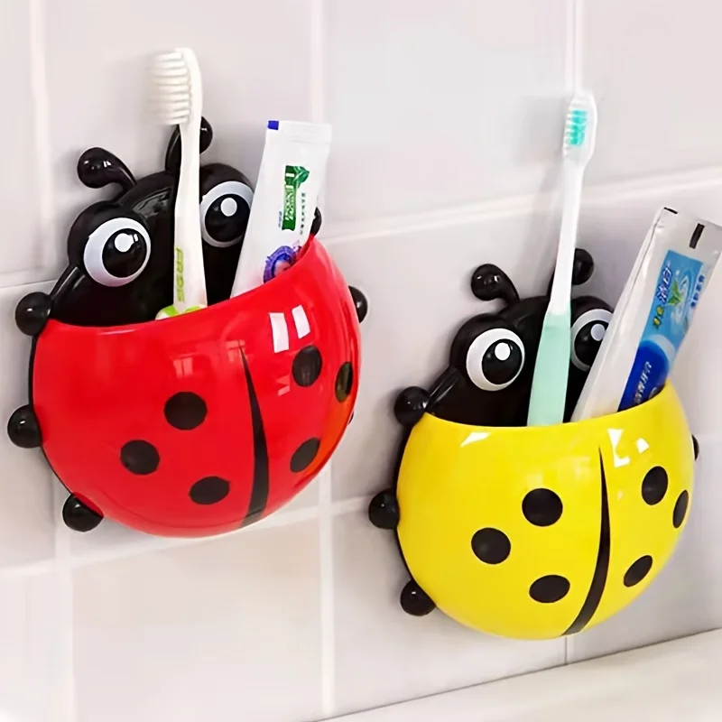2pcs Cute Cartoon Wall-mounted Toothbrush Holder, No-punch Storage Rack, Funny Seven-star Ladybug Bathroom Organizer