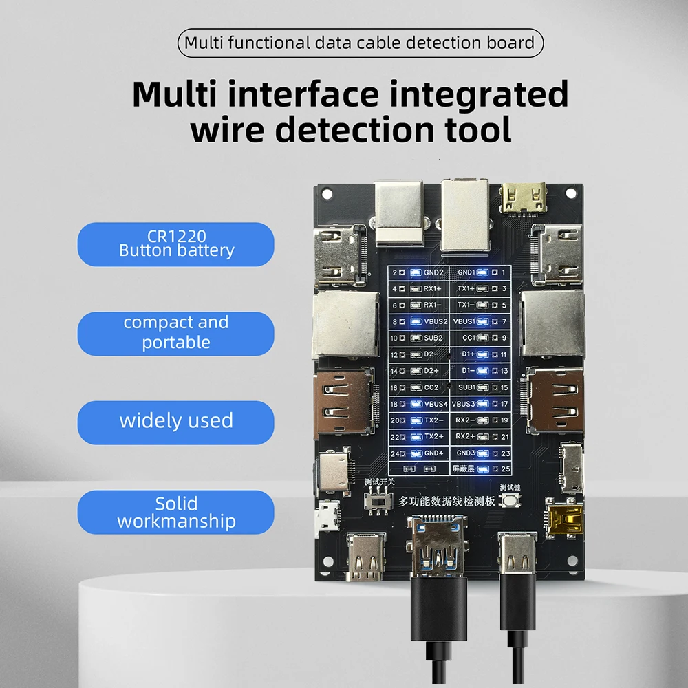 USB Data Cable Tester Type-C Type-B Micro Short Circuit Switch Test Board Ethernet Line Detection Module Built-in CR1220 Battery