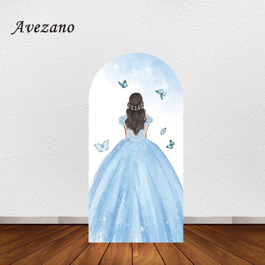 

Avezano Girl Birthday Arch Backdrop Cover Light Blue Dress Princess Butterflies 15 Quinceanera Decor Background for Photography