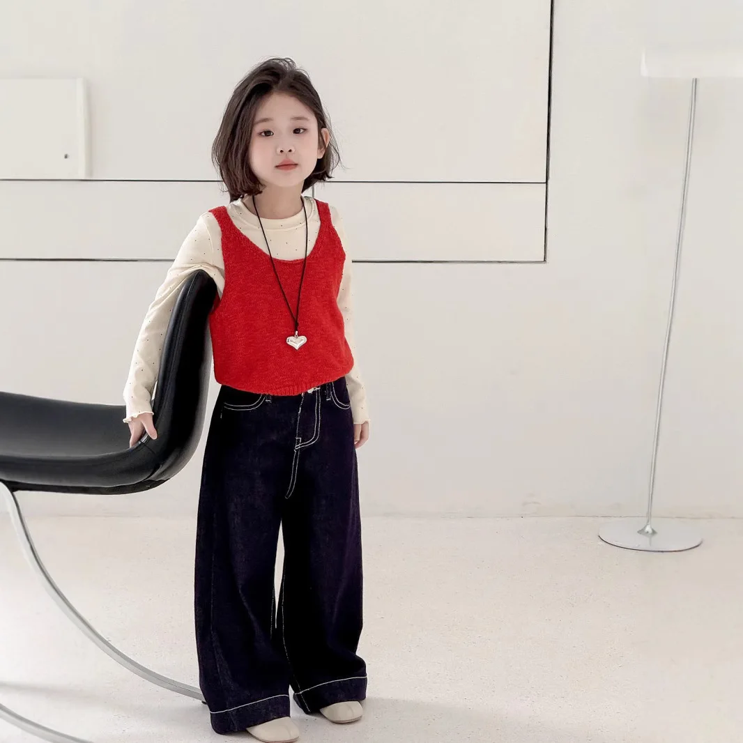 

Girl's vest 2025 spring outfit new Korean solid color Icelandic cotton vest children's outdoor suspender
