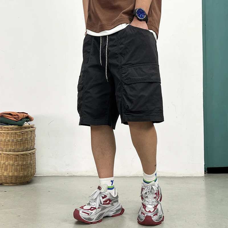 Japanese Cargo Shorts Men Summer Elastic Waist Drawstring Multi Pocket Loose Fit Casual Streetwear Plus Size 5Inch Mid-Length