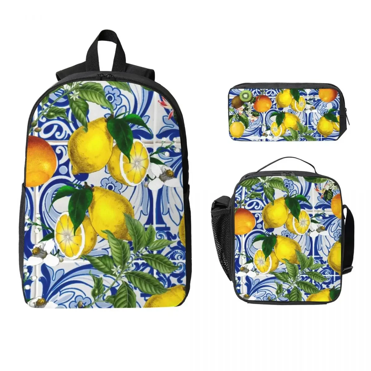 Lemon On Blue Tile Backpack Student Boys Girls BookBag School Bag Laptop Shoulder Bags 3ps Insulated Lunch Bag Pencil Case