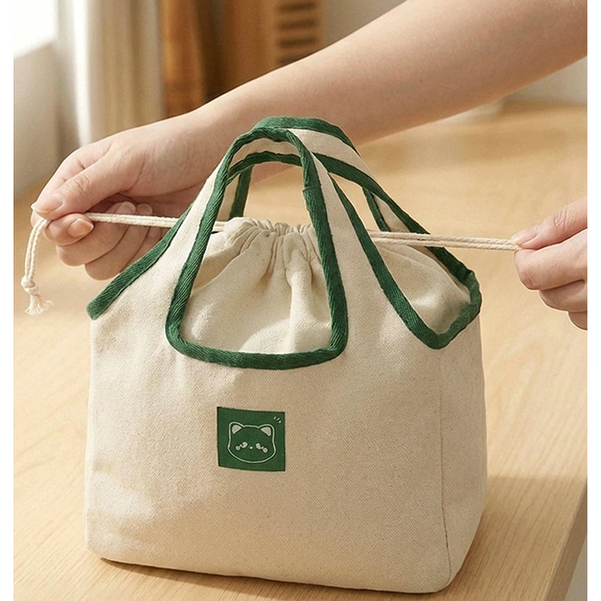 1pc Drawstring Lunch Box Bag, Large Capacity Insulated Bento Handbag, Student Office Worker Lunch Bag, Waterproof And Oil-proof