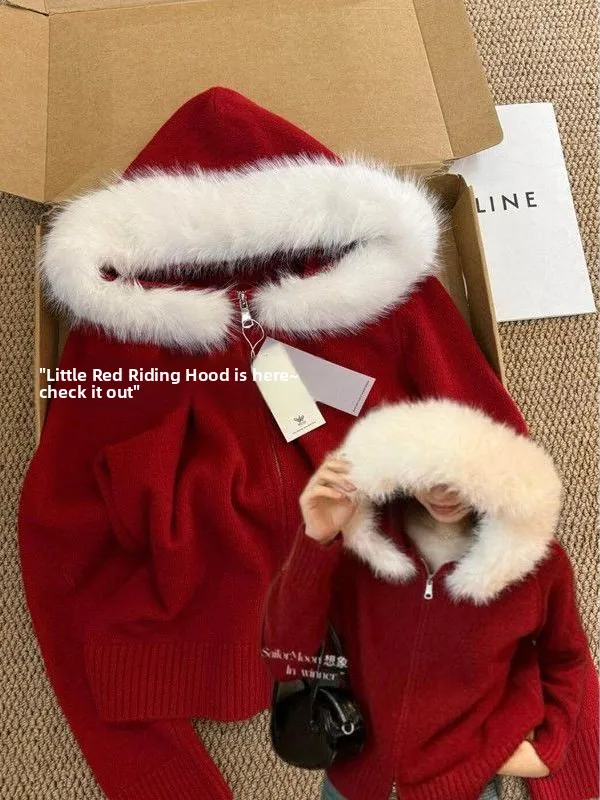 

Красный новогодний корейский вязаный кардиган для женщин, осенне-зимний, свободный, с двойной молнией, длинными рукавами, теплый, повседневный топ