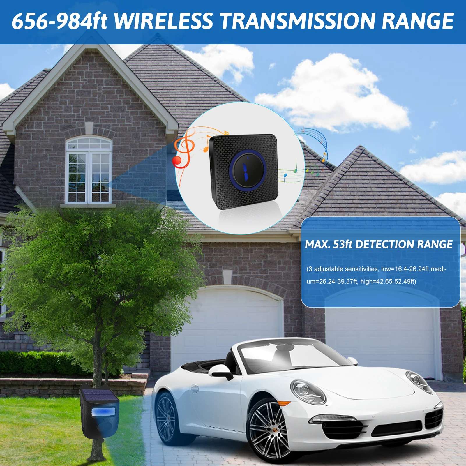 Solar Wireless Driveway Alarm 984ft Long Range IP60 Waterproof Infrared Motion Sensor Anti-intrusion DIY Security Alert System