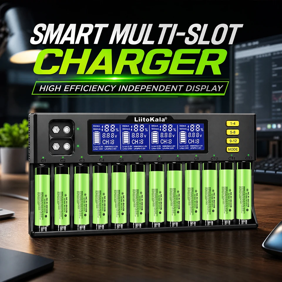 LiitoKala Lii-S12 Smart Charger 12 Slot LCD Auto Polarity 18650 21700 26650 32650 Li-ion LiFePO4 NiMH AA AAA 9V Battery 12V 4A