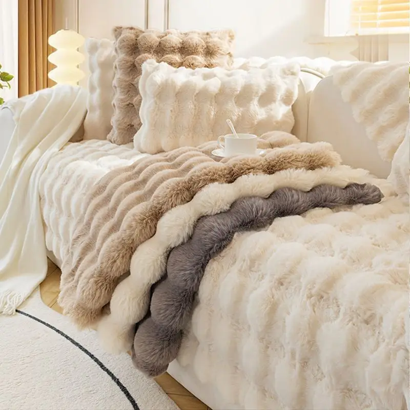New Thick Faux Rabbit Plush Sofa Cushion Winter Warm and Non-Slip Corner Couch Covers Simple Skin-Friendly Soft Home Decoration