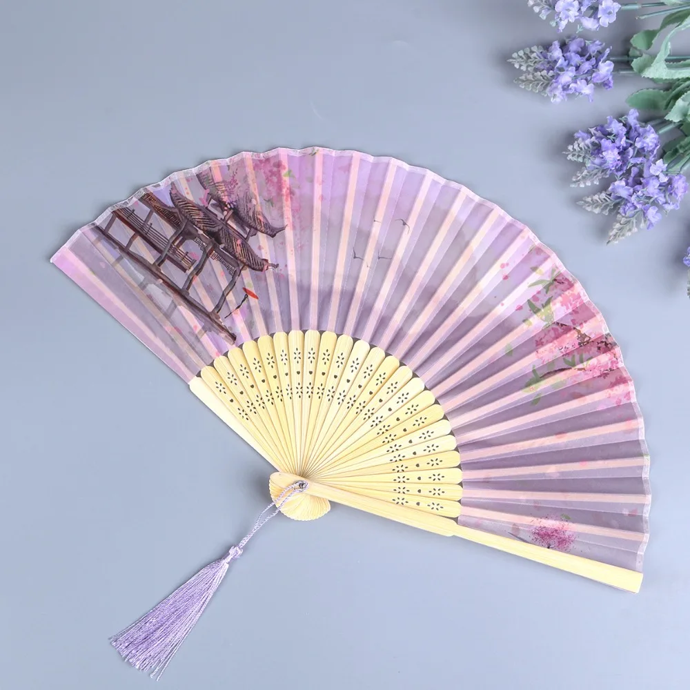 Bamboo Chinese Japanese Folding Fan Silk Vintage Style Folding Fan Hand Fan Tassel Elegent Female Fan Shank Classical Dance Fan