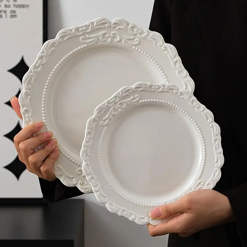 Platos de cena en relieve de cerámica para el hogar, vajilla de cocina Vintage de Color blanco sin vidrieras, plato estético exquisito