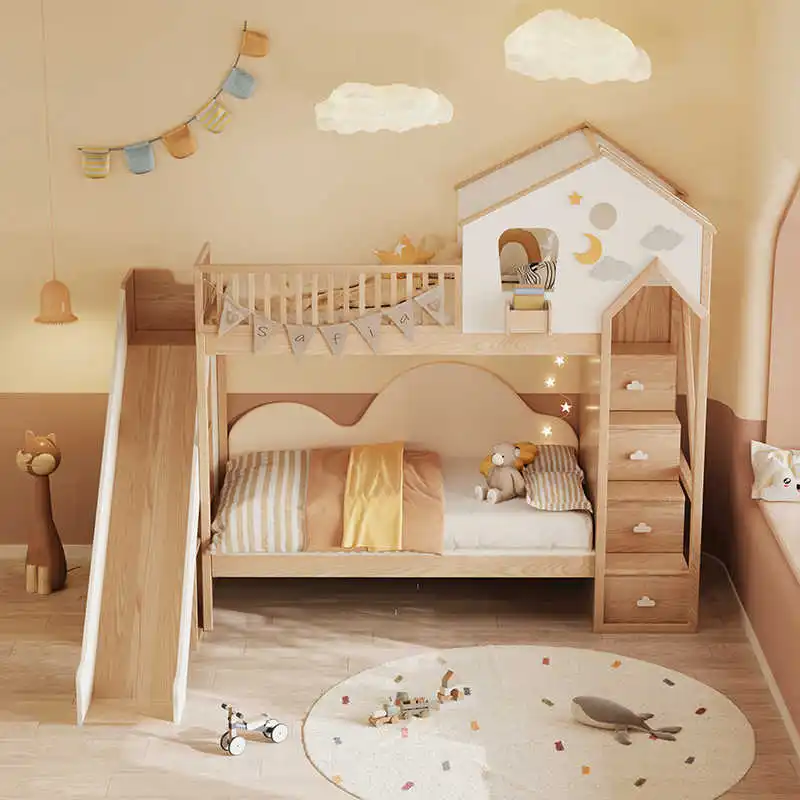 Massief houten kinderbed, boomhutbed, verhoogd bed met glijbaan, stapelbed voor moeder en kind, stapelbed met hoge reling