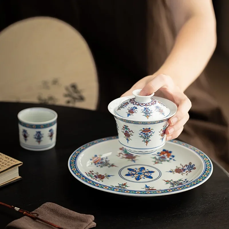 1PC Doucai Babao Cover Bowl Is Not Hot Ceramic Tea Bowl Master Cup Chinese KungFu TeaSet High-end Cover Bowl Teacup Pot Tea Tray