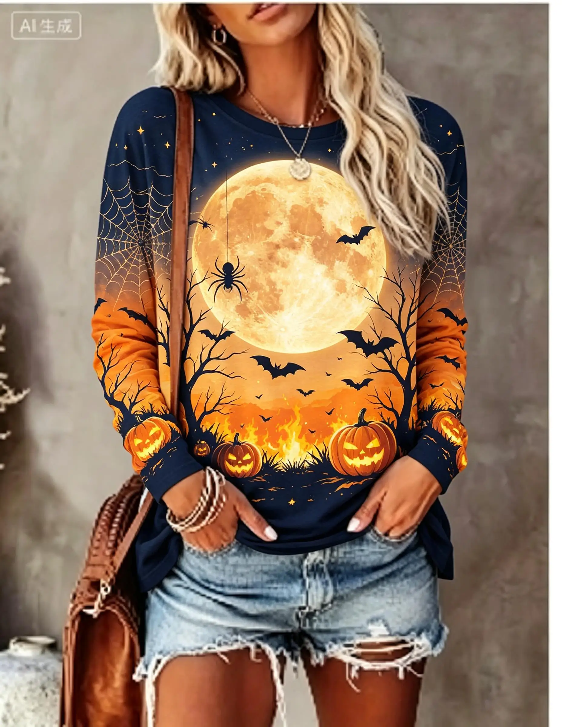 Women Halloween Long Sleeve T‑Shirt Full Moon Bat Dead Tree Pumpkin Spider Web Print Crew Neck Fall Tops