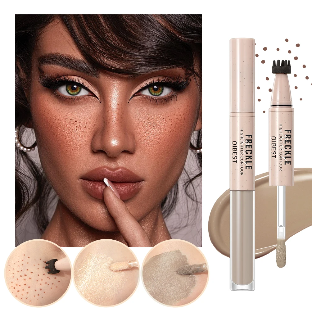 Qibest caneta de maquiagem de ponta dupla sardas e iluminador naturalmente iluminar maquiagem sweatproof duradouro 2 em 1 bastão de contorno de sardas