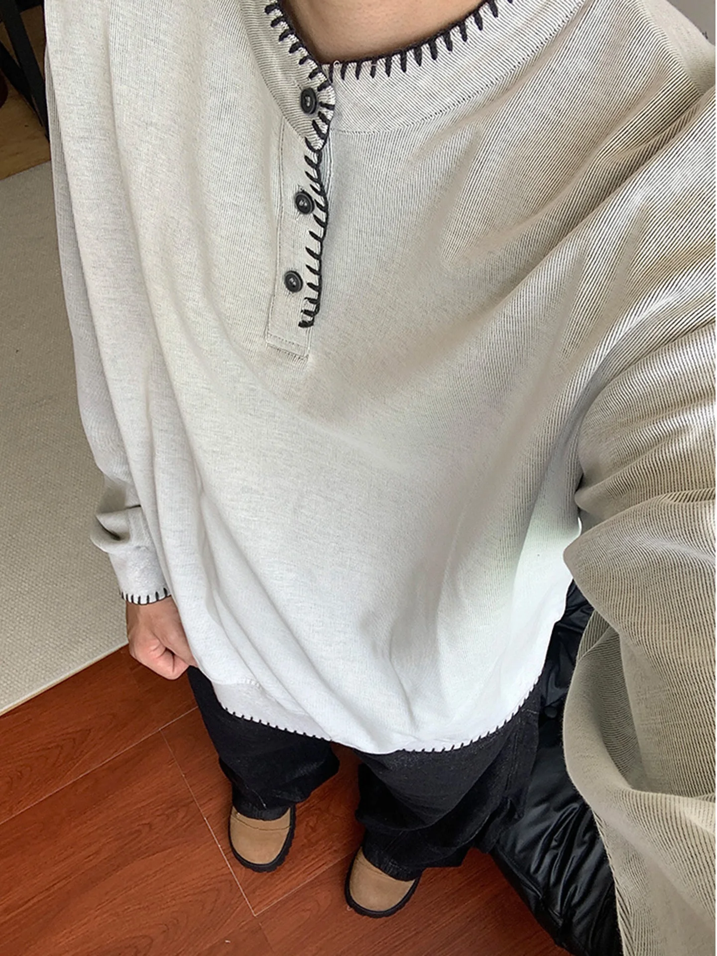 

Мужская толстовка в американском ретро-стиле с воротником Хенри, ручной пошив, повседневная, с длинным рукавом, премиум-класса, CleanFit, базовая футболка для верхней части тела