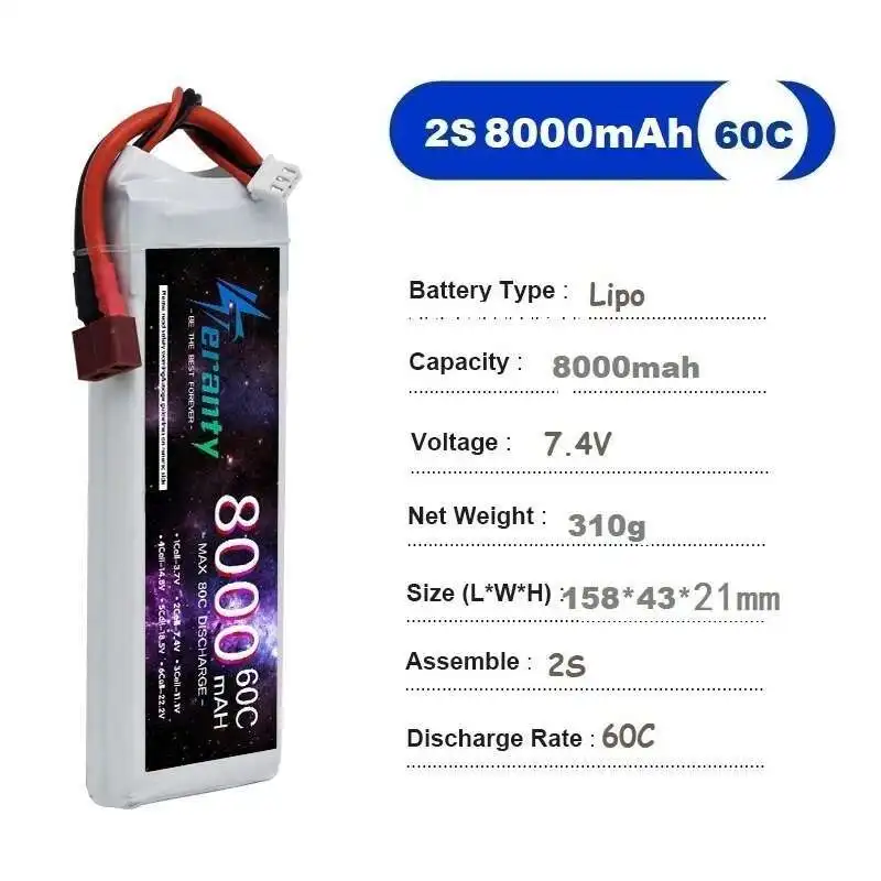 TERANTY 60C 2S 3S 4S 6S 8000MAH Lipo Battery For RC Model Toys Aircraft Boats Cars 7.4V 11.1V 14.8V 22.2V Rechargeable Battery