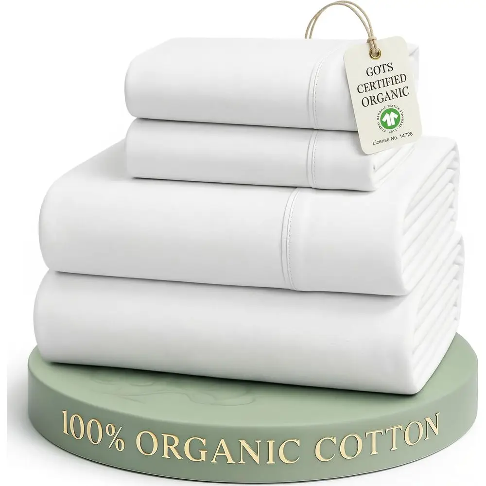 

100% Organic Cotton Queen Sheets, 15 Pocket, Deep Elastic, Low Pill, Cooling Wash, White