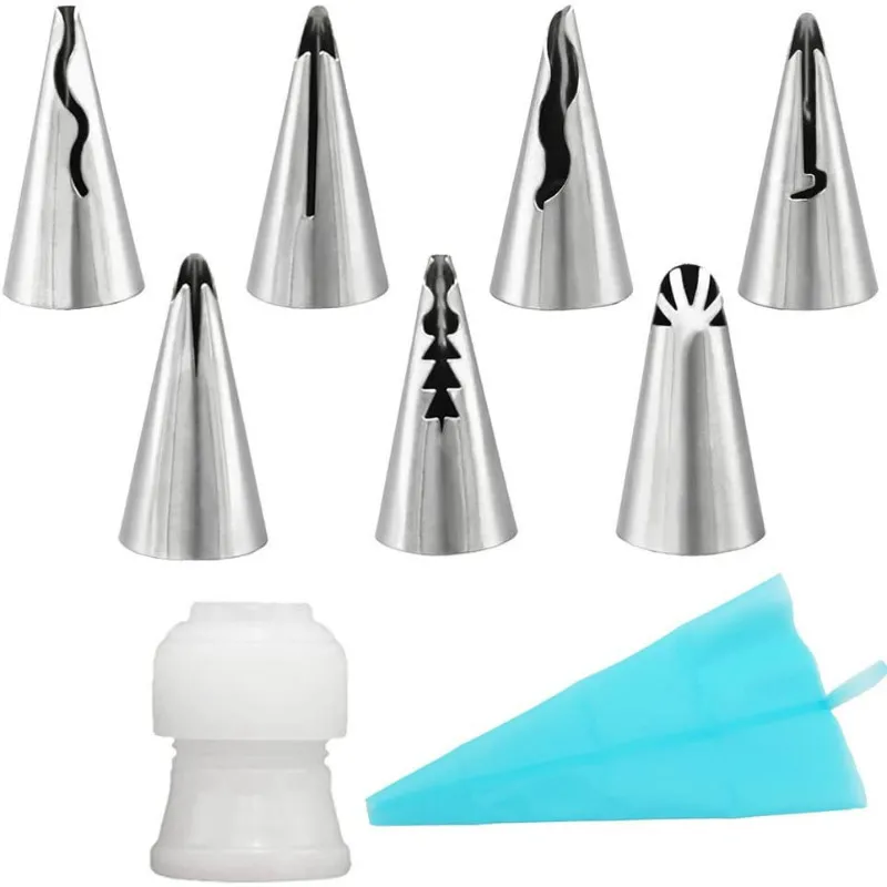 7-Piece Russian Piping Tips with One Coupler   Stainless Steel Ruffle Piping Nozzles Doll Skirt Icing Tips Set Cake Cupcake