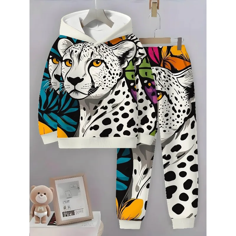 2025 Men's 2-piece Tiger Head Greek Key Leopard Lion Animal 3D Printed Hoodie and Running Pants Set