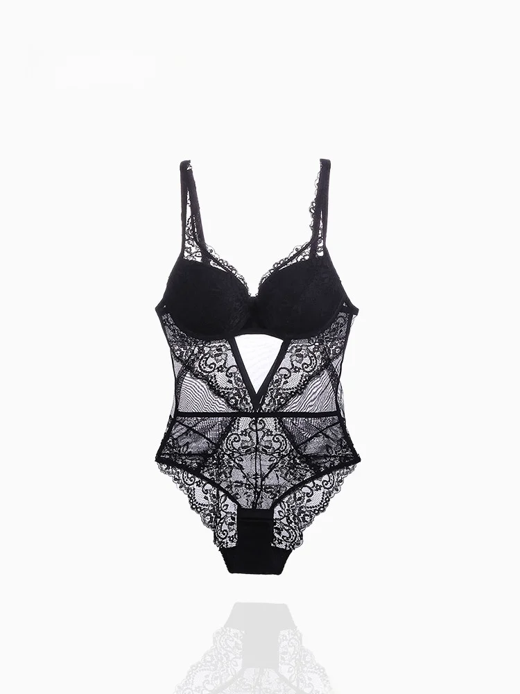 

Original Design Retro Lace Embroidery Underwear Set with Steel Ring Women's Sexy Jumpsuit with Bra Gathered High Waist orts