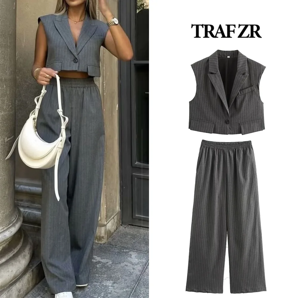 TRAF ZR Chic Enseble 2 Pieces for Women Elegant Short Waistcoat with Flaps&Diplomatic Stripes Matching Pinstrip Palazzo Trousers