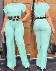 Conjuntos de dos piezas para mujer, moda de verano 2023, estampado geométrico, cuello barco, Top corto de manga corta y pantalones informales con bolsillo para uso diario