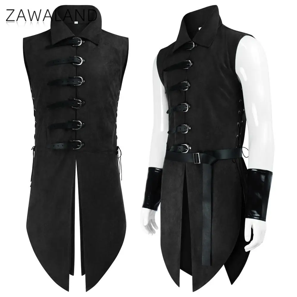 Zawaland Men Renaissance Medieval Suede Vest Buckle Front Gothic Archer Cosplay Costume Halloween LARP Theme Party Outfit
