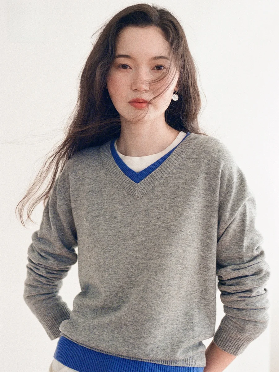 

Even Vintage 00% Wool V-Ne Color Blo Knitted Top Loose Fit Knitwear Retro Sle Long Sve Casual Wear oulder Pad