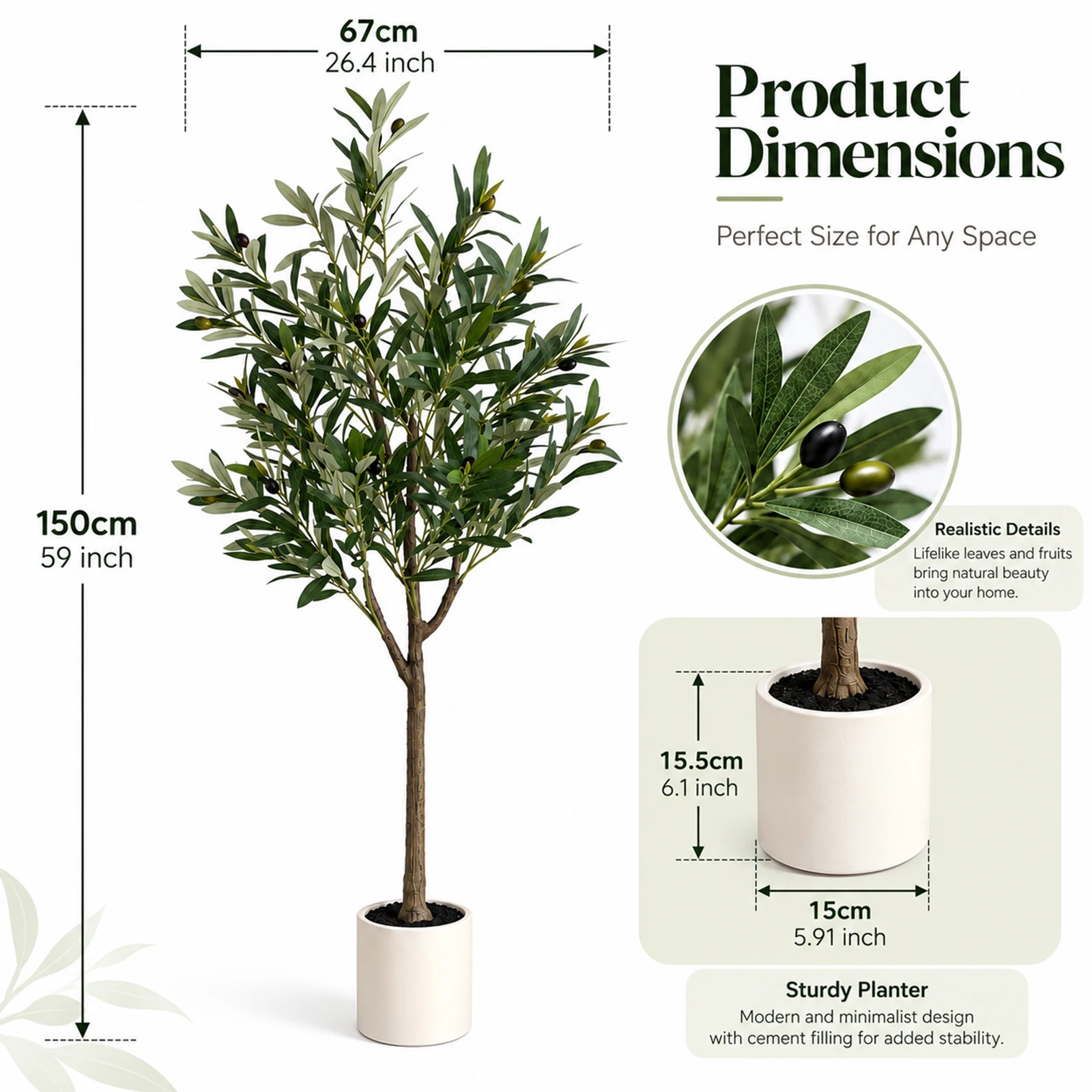 5 FT Kunstmatige Olijfbomen, Levensechte Groene Kunstplant in Pot, Binnen- en Buitengebruik, Huis, Kantoor, Magazijn Decoratie, Nep Olijfbomen
