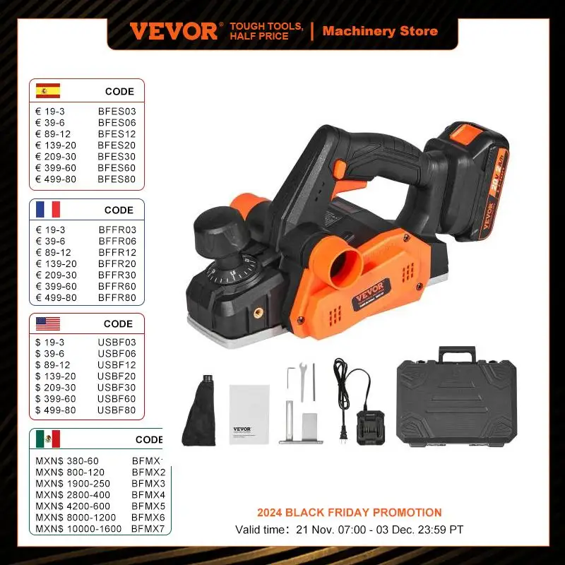 VEVOR Rabot Électrique Sans Fil Largeur 82,55 mm Raboteuse à Bois à Main Profondeur 2 mm 16000