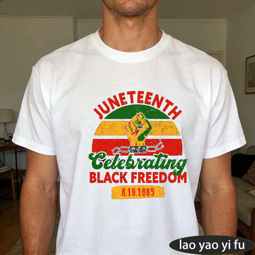 Juneteenth Celebrating Black Freedom Men T-Shirt Juneteenth Day Gift Tops Men Tops Retro Pattern Print Tees Casual O-neck Shirt