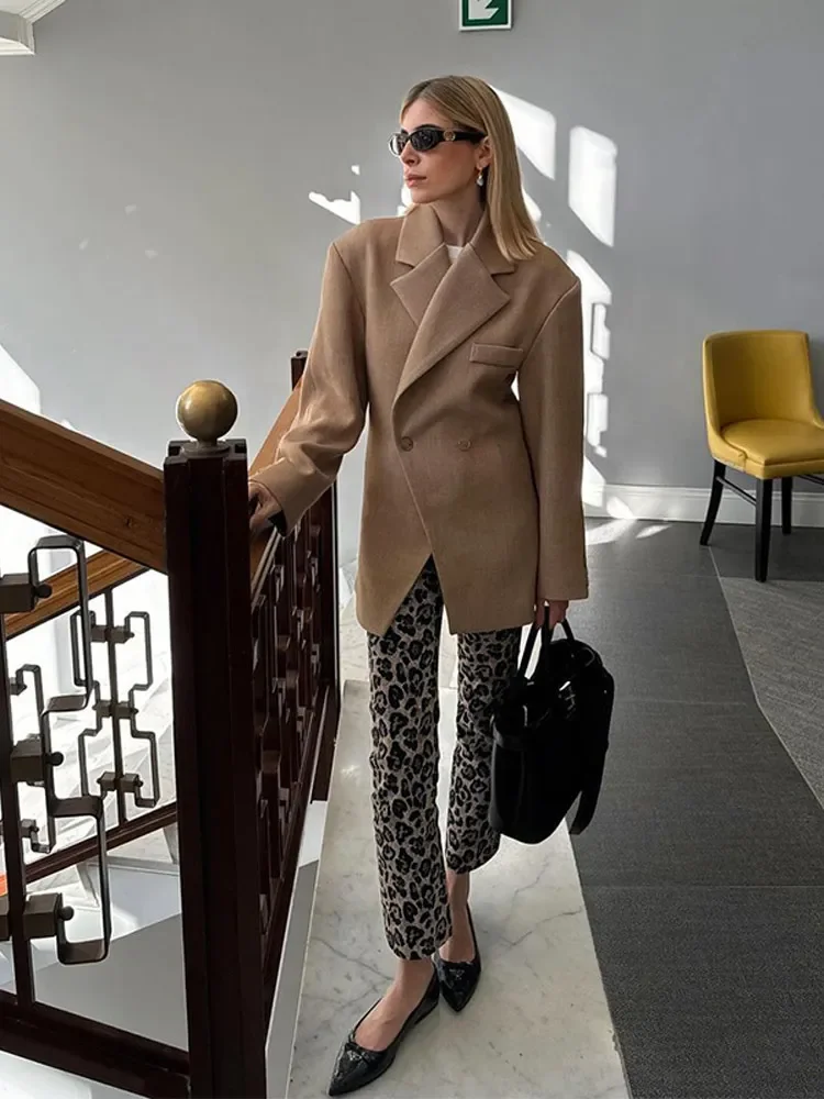 Fashion Khaki Lapel Blazer Coat For Women Oversized Double Button Long Sleeves Short Jacket 2024 Autumn Office Female Outwear