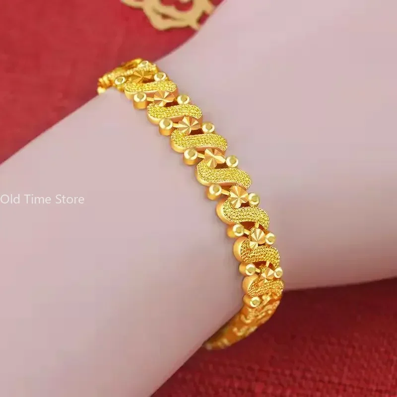 New Plated 24K Gold Bracelet Female Pure Gold Plated Golden Love Lucky Bead Doppel Herz Phoenix Tail Butterfly Bangle Jewelry