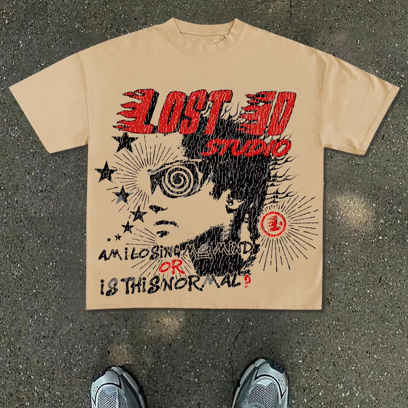 Men's White T-Shirt with Dark Streetwear Style & LOST STUDIO Graphic - Distressed Red, Spiral-Eye, Stars & Radial Lines