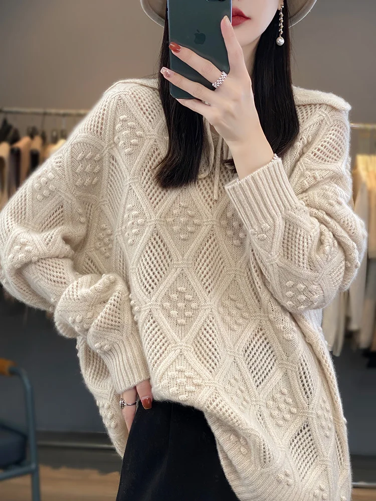 Women\'s Lapel Knitted Cashmere Sweater, High-End, Chic, Slim, Loose, Joker, Casual, Long Sleeve, Bottoming, Autumn and Winter