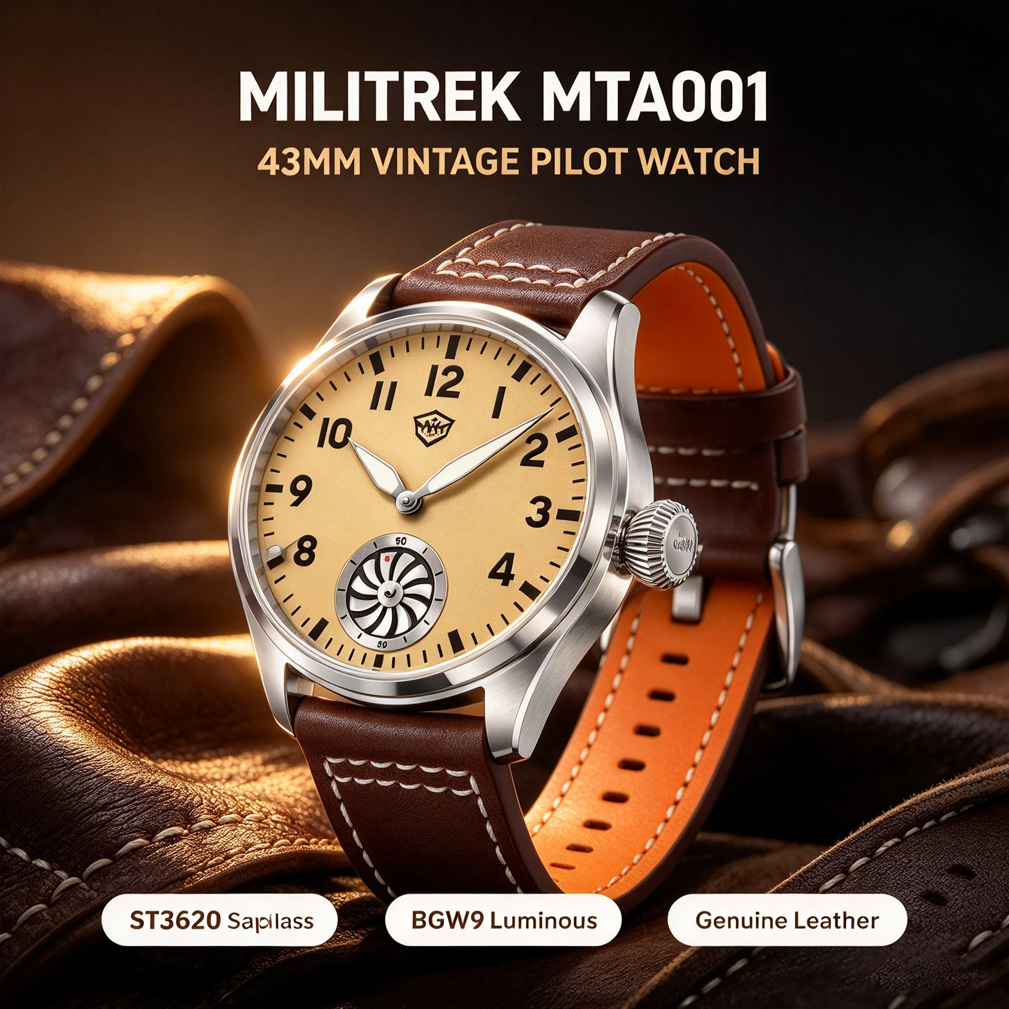 MILITREK MTA001 Pilot Automatic Watch Men ST3620L Movement Sapphire Glass BGW9 Luminous 43mm Genuine Leather Aviator Wristwatch
