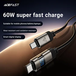 ACEFAST Durable USB C to C 3A Phone Fast Charging Cable For Samsung S23 S24 60W LED Digital Display 1.2M Wired Cord For Notebook